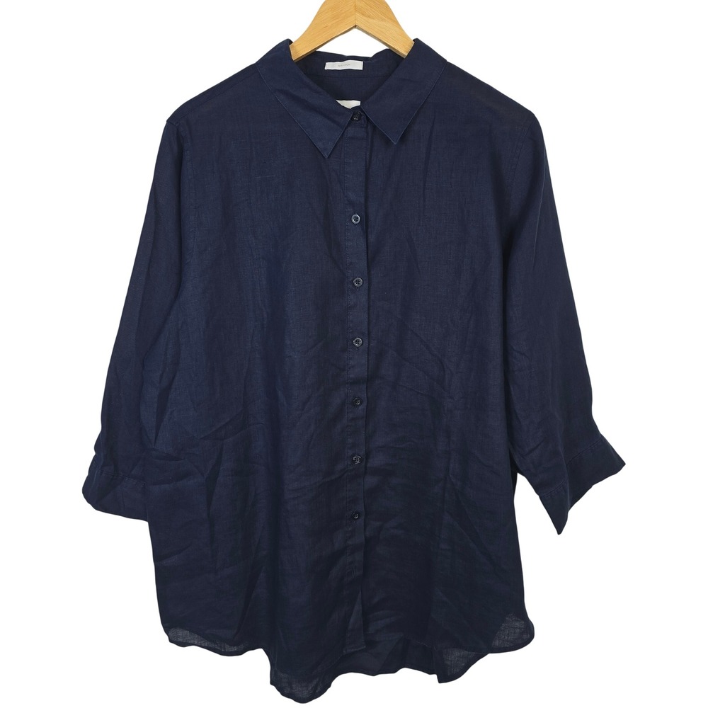 Chicos No-Iron 100% Linen Button Down Shirt Navy Blue 3/4 Sleeve Size 3 NWOT XL